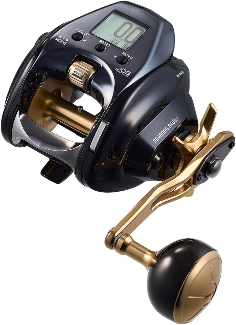 Side view of Daiwa Seaborg G400J electric reel with ergonomic JOG lever and compact metal frame for electric jigging